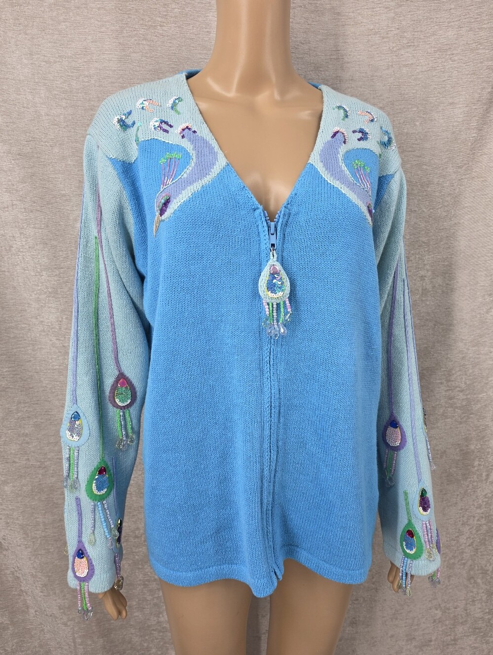 Storybook Knits Peacock Pair Light Blue Zip Front Women's Cardigan Sweater Beads
